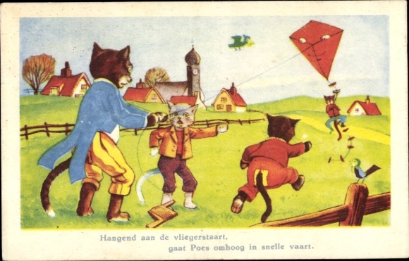 Postcard Humanized cats fly kites, kite sport