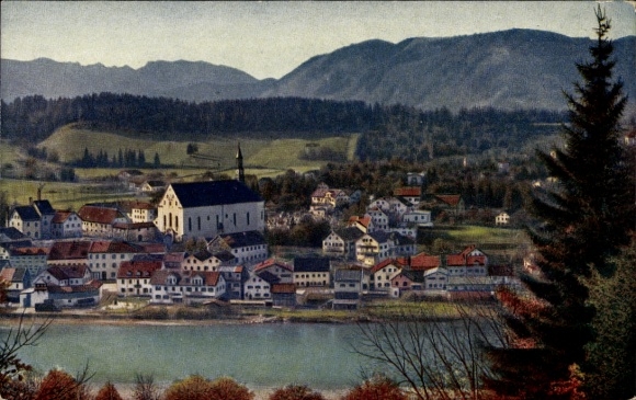 Postcard Bad Tölz in Upper Bavaria, hospital, mountain landscape, church, typical Bavarian architecture, ru