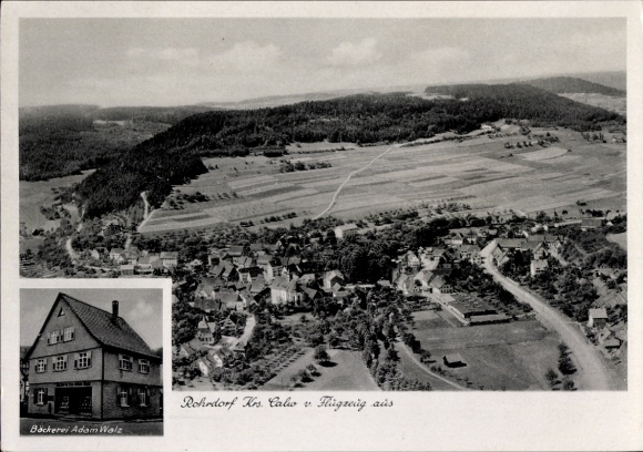 Postcard Rohrdorf am Inn Upper Bavaria, aerial photograph, bakery and grocery store Adam Walz