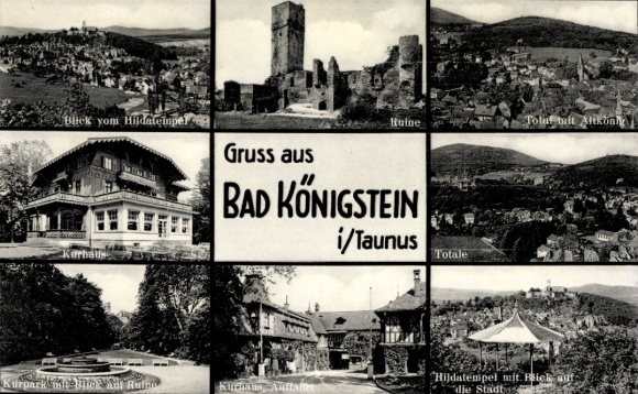 Postcard Königstein im Taunus, general view, ruins, church, Hilda Temple, spa park, spa house