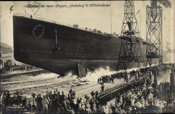Artist PC Schwormstädt, Wilhelmshaven, launching of the cruiser SMS Hindenburg, Imperial Navy