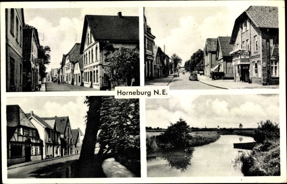 Ansichtkaart Horneburg Nedersaksen, straatgedeelte, huizen, rivier