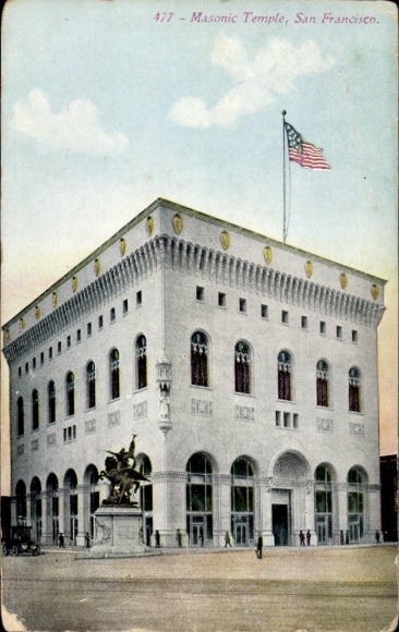 Ak San Francisco Californië VS, Masonic Tempel, Amerikaanse vlag, architectuur, drukke straat