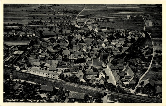 Postcard Dalsheim in Rheinhessen, aerial view of many roofs, landscape