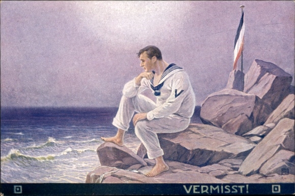 Artist Postcard Missing, Shipwrecked German Sailor on a Rock by the Sea