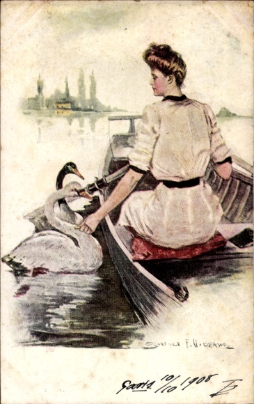 Kunstenaarskaart Underwood, Clarence, vrouw in roeiboot, zwanen