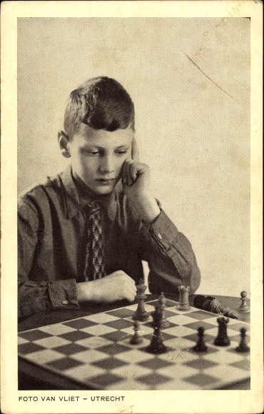 Postcard Boy playing chess, thinking