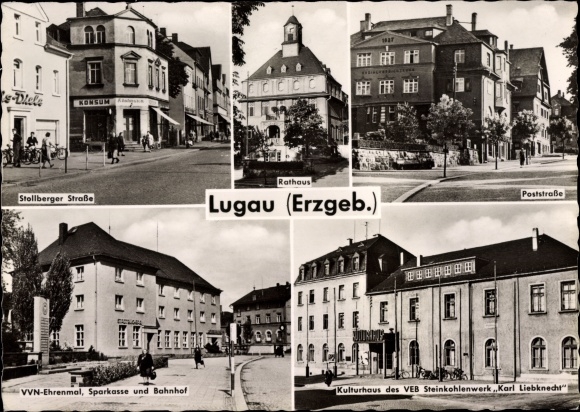 Postcard Lugau in Saxony, street views, VVN memorial, train station, savings bank, Karl Liebknecht culture center