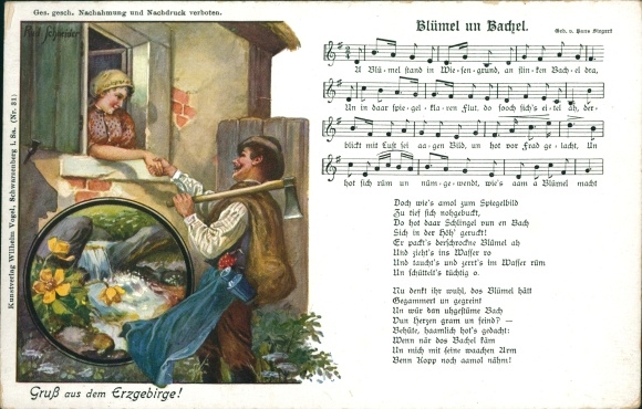 Song Postcard Vogel, Wilhelm, Blümel un Bachel, Erzgebirge, lovers