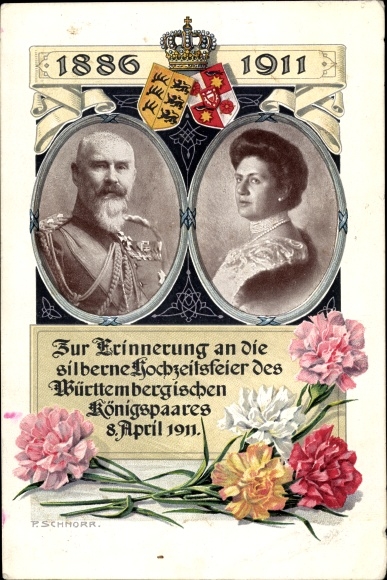 PC Wilhelm II. King of Württemberg with his wife, coat of arms