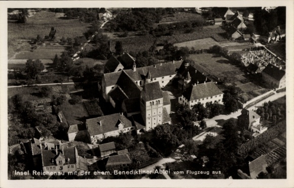 Postcard Island of Reichenau, Former Benedictine Abbey, aerial photograph