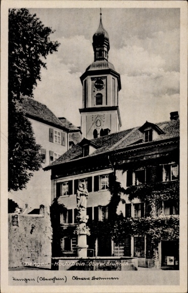 Postcard Tiengen am Oberrhein, Hochbein Oberer Brunne, church, historical buildings, statue