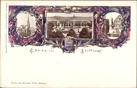 Postwaardekaart Stuttgart in Baden Württemberg, Schiller Monument, Schlossplatz, Johanneskirche