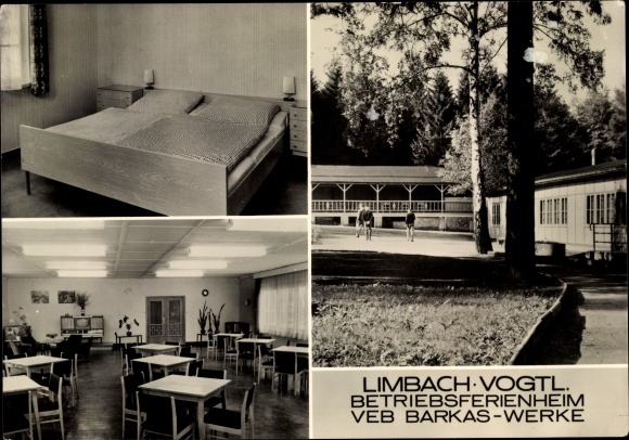 Postcard Limbach im Vogtland, company holiday home VEB Barkas-Werke, dining room, guest room, exterior view