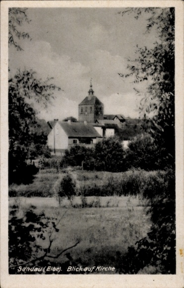 Postcard Sandau on the Elbe, black and white photo, church, houses, landscape, tranquil scenery