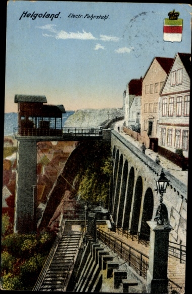 Ak Nordseeinsel Helgoland, elektrischer Fahrstuhl, Wappen