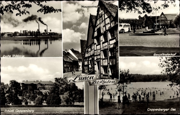 Postcard Lünen in Westphalia, Cappenberger See, Cappenberg Castle, Viktoria colliery, main station, half-timbered