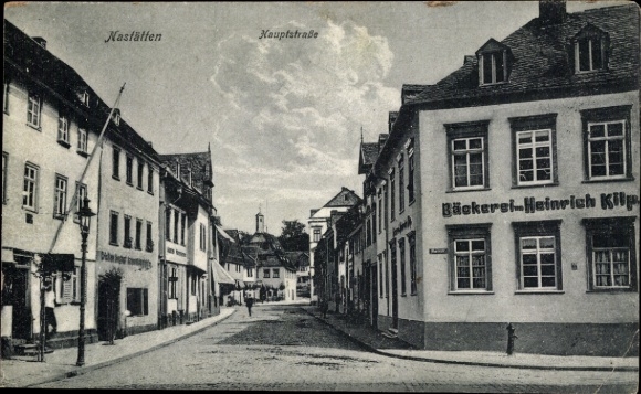 Postcard Nastätten im Taunus, main street, bakery Heinrich Kilp...