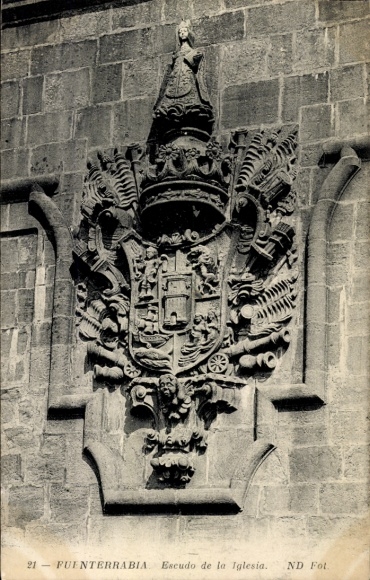 Postcard Hondarribia Fuenterrabia Basque Country, coat of arms of the church, detailed shot, ND Fot.