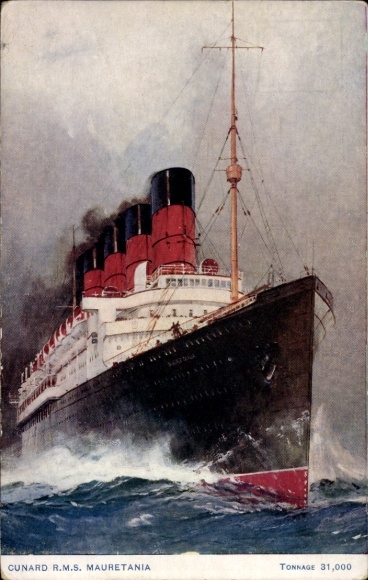 Postcard RMS Mauretania, Cunard Line, steamship at sea