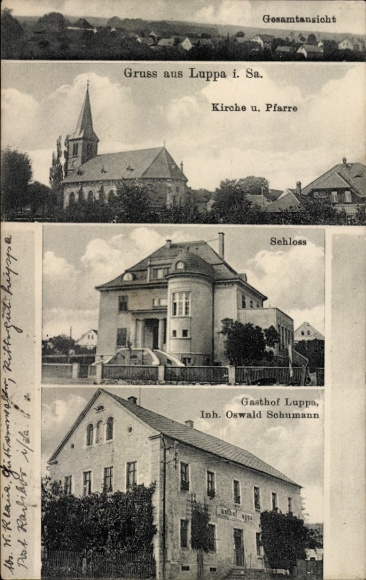 Ak Luppa Radibor in Sachsen, Gesamtansicht, Kirche u. Pfarre, Schloss, Gasthof Luppa