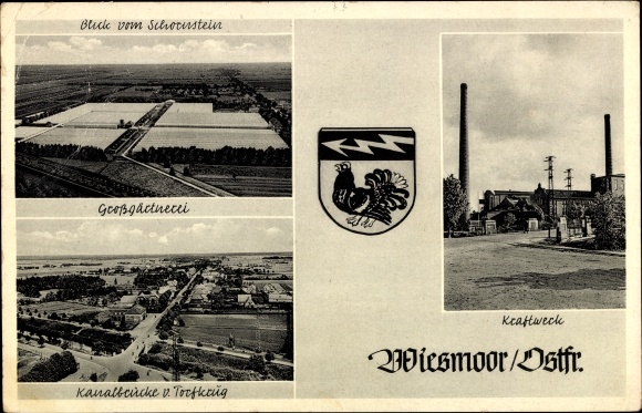 Coat of arms Postcard Wiesmoor in Ostfriesland, power plant, large gardening, canal bridge