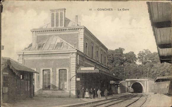 Postcard Conches en Ouche Eure, train station, track view