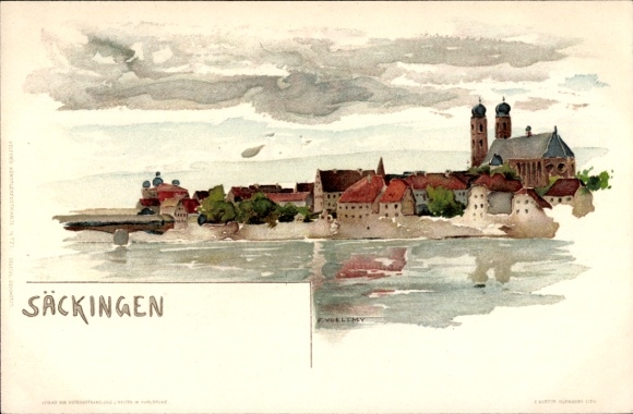 Postcard Bad Säckingen am Hochrhein, beautiful watercolor with city view, church, clouds, calm lake
