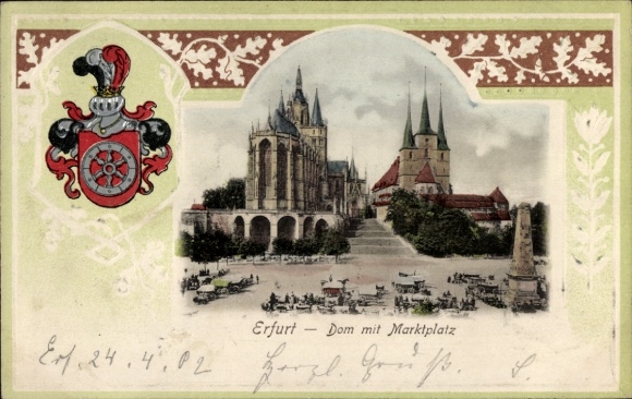 Embossed coat of arms passepartout PC Erfurt in Thuringia, cathedral, market square, Severikirche