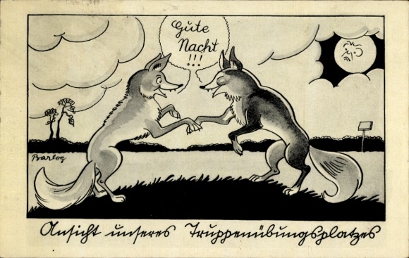 Künstler Ak Barlog, Truppenübungsplatz, Wehrmacht, Füchse sagen sich Gute Nacht, Soldatenhumor