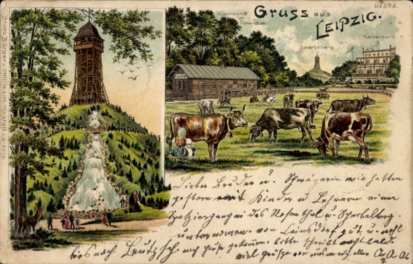 Chromo-Litho Leipzig, Alpine hut in Rosenthal, Scherbelberg, Kaiserpark, cows, deer, Bruno Bürger 393