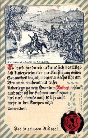 Ak Bad Kissingen Unterfranken Bayern, Fürst Rakoczi entdeckt die Heilquelle, Wappen