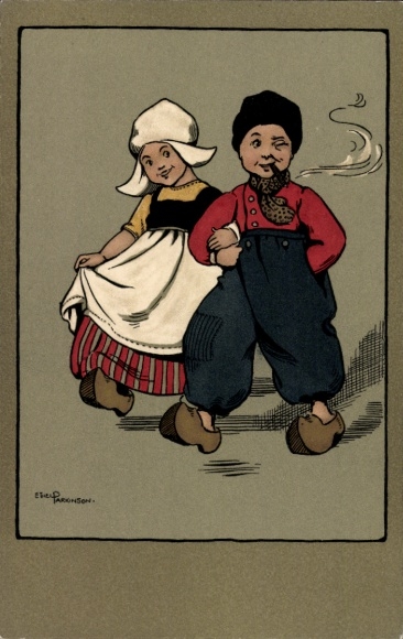 Artist Postcard Parkinson, Ethel, What does the world cost, boy and girl in Dutch costume