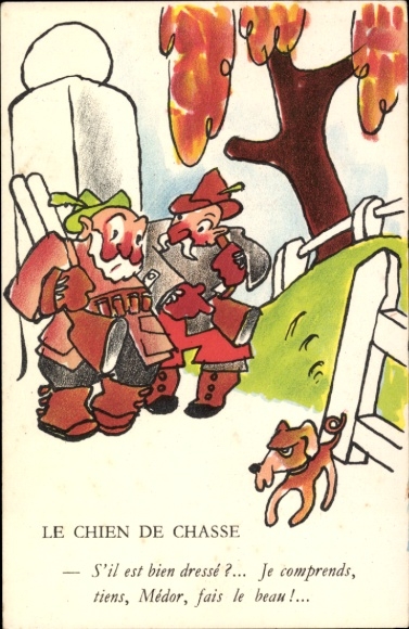Postcard Two hunters, conversation, hunting dog