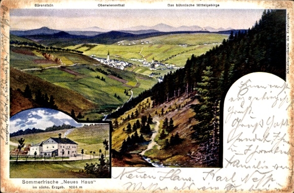 Ak Oberwiesenthal im Erzgebirge, Bärenstein, Panorama vom Ort, Sommerfrische Neues Haus