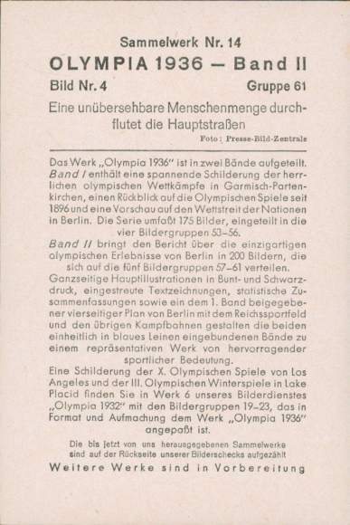 Zbiorowe zdjęcie Igrzysk Olimpijskich 1936, tłumy zalewające główne ulice