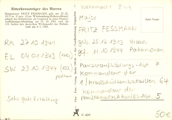 Postcard Captain Fritz Fessmach, Knight's Cross holder, Oak Leaves, German Wehrmacht