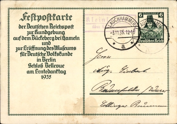 Postal stationery PC Hagenohsen, Bückeberg, opening of the Museum for German Folklore, Thanksgiving Day