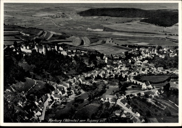 Postcard Harburg an der Wörnitz Swabia, aerial view of Harburg, meadows, trees, houses, castle