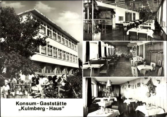 Postcard Dorfkulm Unterwellenborn in Thuringia, consumer restaurant Kulmberg-Haus, gnome bar