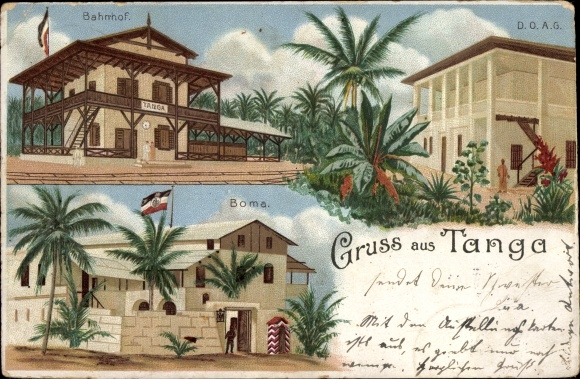 Chromo-Litho Tanga Tanzania, German East Africa, Train Station, Boma, DOAG