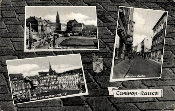 Ak Castrop Rauxel im Ruhrgebiet, Münsterplatz, Münsterstraße, Markt, Reiterdenkmal
