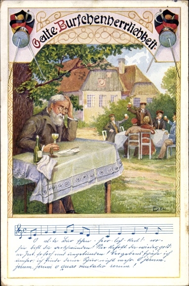 Studentika song artist Postcard Ezel, O old fellow glory, old man, student, sword