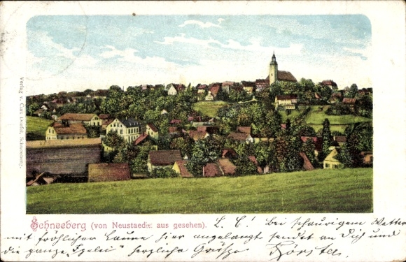 Postcard Schneeberg in the Ore Mountains, general view with church