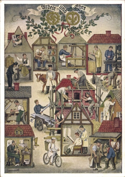 Künstler Ak Reichshandwerkertag 1936, Arbeit und Ehre, Friseur, Bäcker, Töpfer, Schornsteinfeger