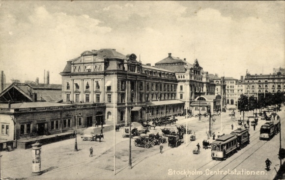 Postcard Stockholm Sweden, Central Stations, train station, trams