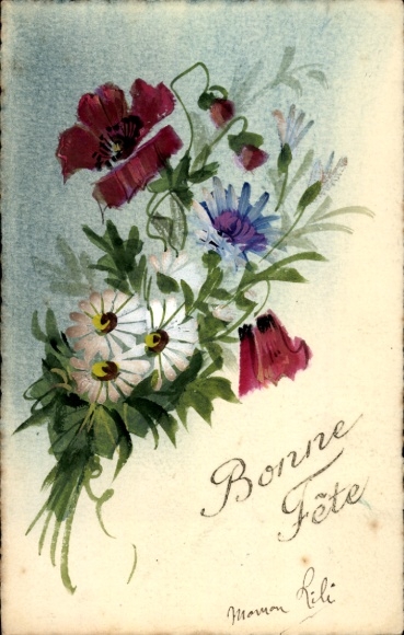 Künstler Ak Bonne Fete, Margerite, Mohn