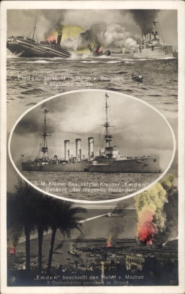 Postcard German warship, SMS Emden, small cruiser bombards Madras, Imperial Navy