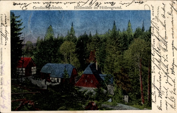 Postcard Großschweidnitz in Saxony, Hollmühle in Höllengrund, forest, houses, landscape, Verlag Ad. ...