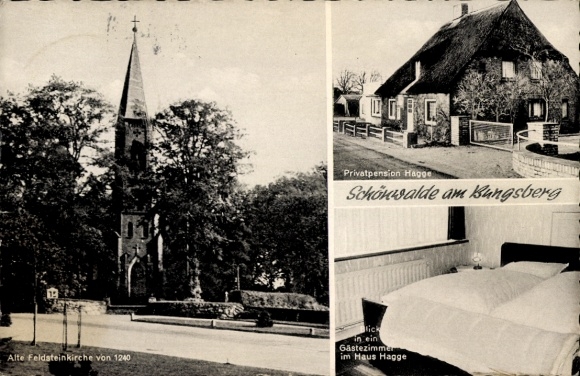 Postcard Schönwalde am Bungsberg in Ostholstein, Old Feldstein Church, private guesthouse Hans Hagge